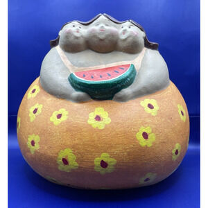 Terracotta Folk Art Three Ladies With Watermelon In a Flower Summer Dress Signed